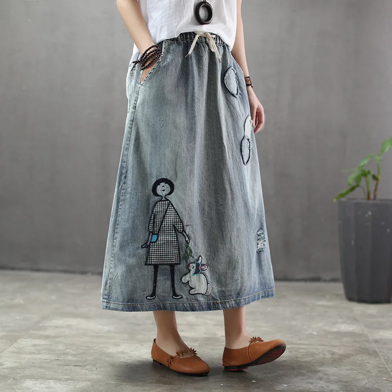 Cartoon Embroidery Denim Skirts Women Vintage Art Ripped Oversized Female Elastic High Waist Long Maxi Jeans Skirt