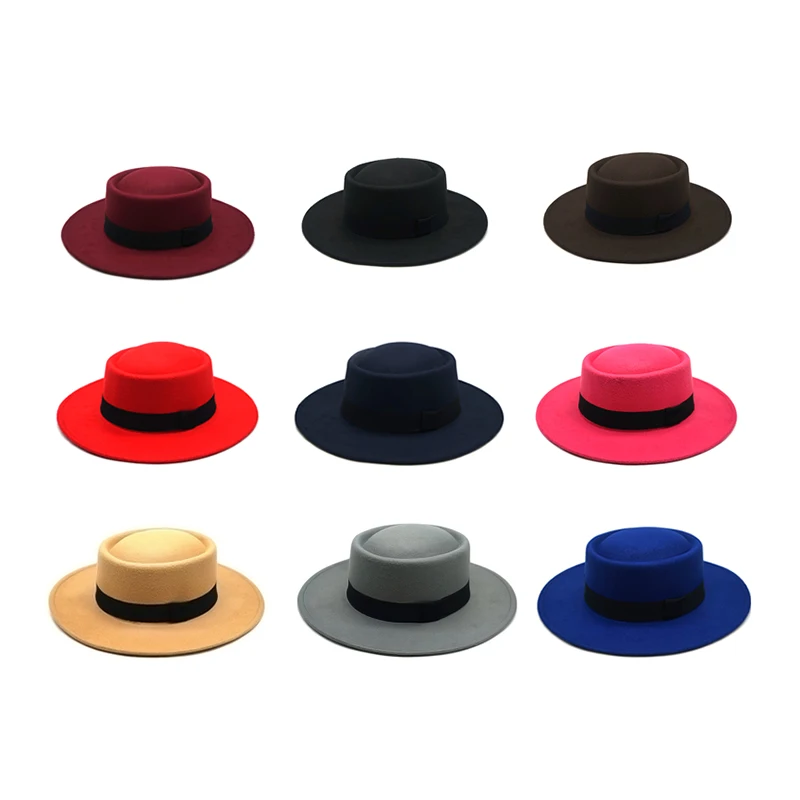 Winter Simple Fashion Wide Brim Vintage Wide Fedoras Hats for Women Solid color Flat top Black ribbon Casual Panama Jazz cap