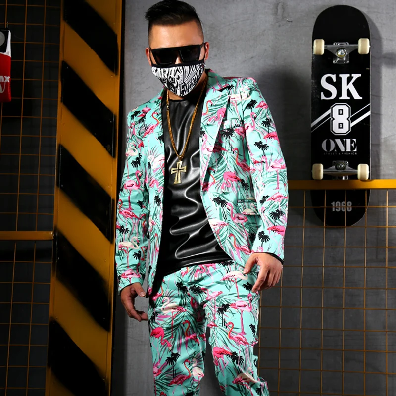 Casual Suits Masculino Men Slim Fit Blazer Green Flower Print Suit Long Jacket Nightclub Stage Singer DJ Heren Colberts