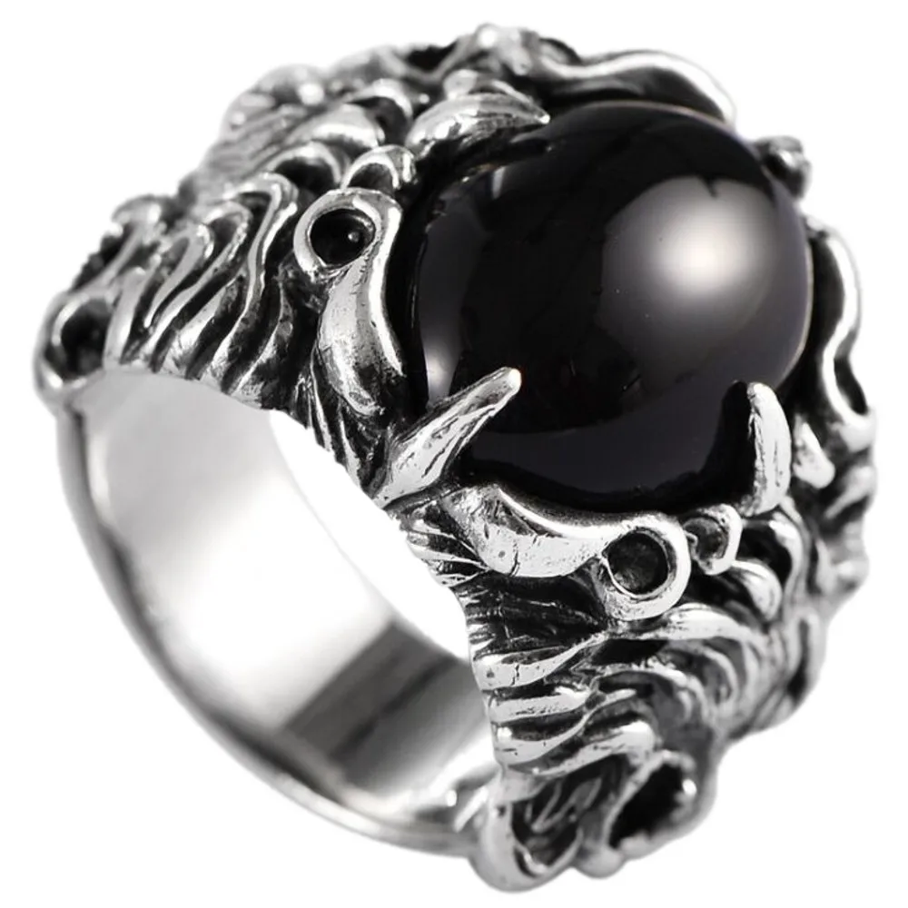 BOCAI  New  s925  Silver Jewelry Vintage  Mighty Lion king Head Black Agate Man Ring