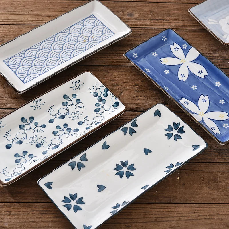 9.7 Inch Japanese Sushi Plate Ceramic Dinner Serving Plate Flower Fruit Dessert Tray Rectangle Dinner Dishes Microwave Safe
