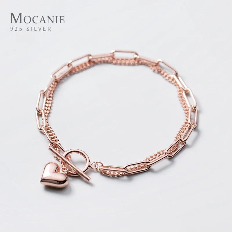 Modian 100% 925 Sterling Silver Sweet Hearts Chain Link Two Layer Classic Basis Bracelet Bangle for Women Fashion Fine Jewelry