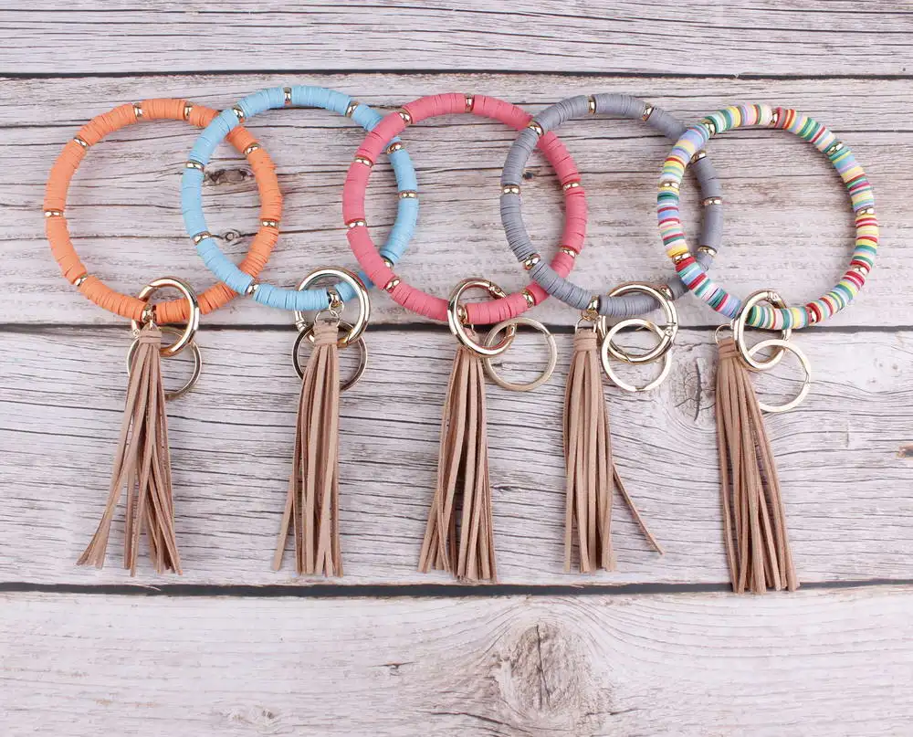 ZWPON Beach Style Mixcolor Soft Ceramic Bracelet Colorful Stack Polymer Clay Beads Bracelet Brown Lether Tassel Bracelet