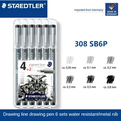 Staedtler 308 SB6P Pigment Liner Fineliner Technical Drawing Pens Assorted Line Width - Set of 6