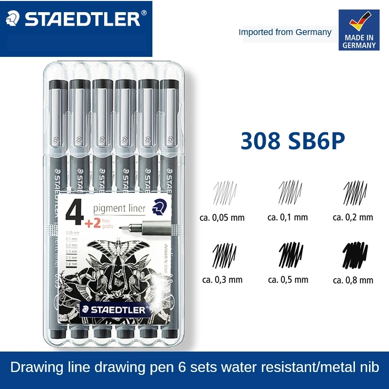 Staedtler 308 SB6P Pigment Liner Fineliner Technical Drawing Pens Assorted Line Width - Set of 6