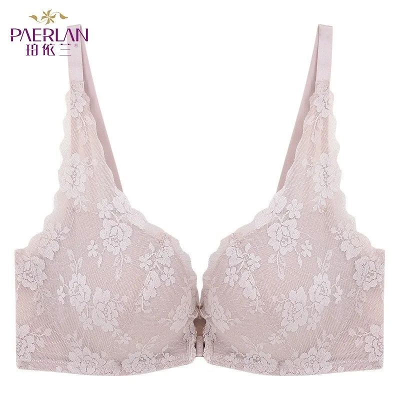 PAERLAN Front Closure Deep V Sexy Bra Seamless Wire Free Lace Floral Boobs Push Up black Underwear Women