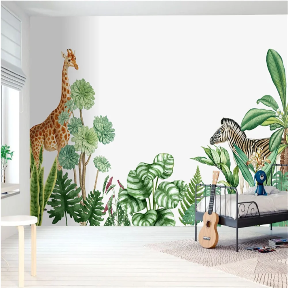 Milofi  Custom wallpaper mural 3D Nordic hand-painted small fresh medieval tropical plant zebra background mural