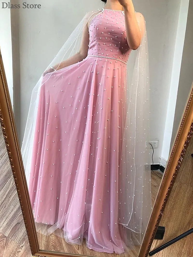 2020 Nieuwe Avondjurk Kralen Roze Met Wrap A-lijn Chiffon Floor Lengte Mouwloze Elegante Prom Jurk Вечернее Платье Vestidos