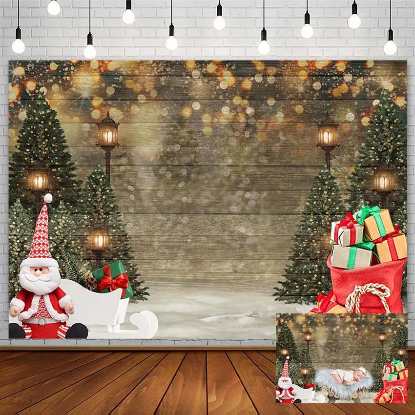 Avezano Photography Background Merry Christmas Pine Tree Santa Gift Light Wooden Board Kids Portrait Decor Backdrop Photo Studio