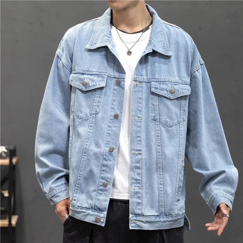 

Pop Denim Jacket Men Vintage Jean Coats Streetwear Fashion Jean Jacket Men Turn Down Collar Denim Outerwear Cotton Bomber Jacket