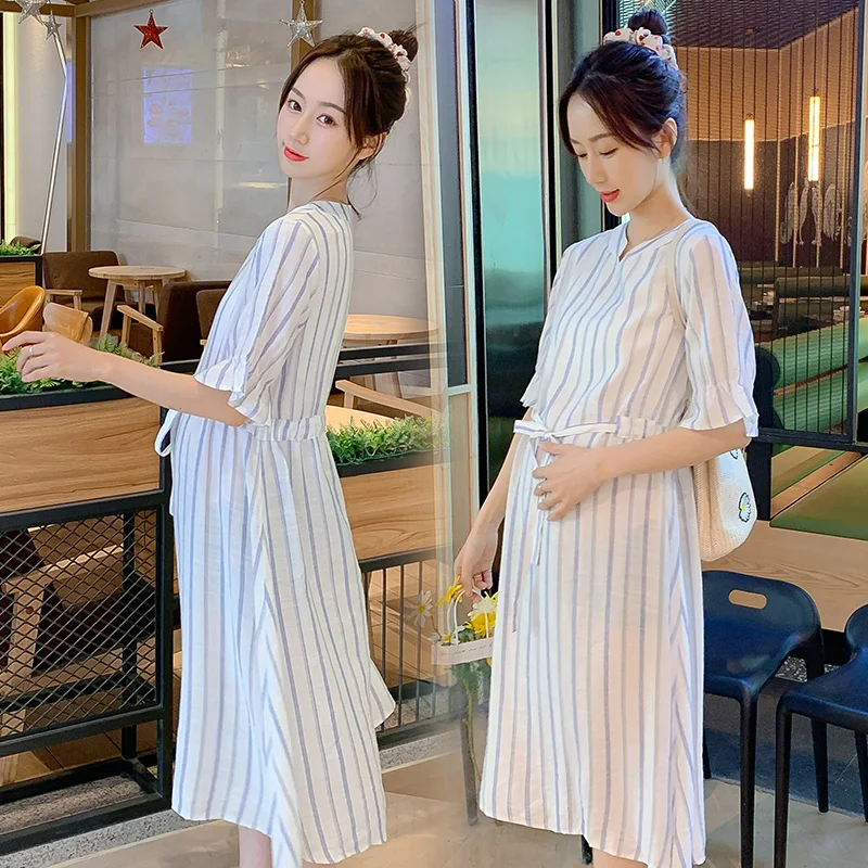 

Cotton Blend Casual Pregnancy Dress Maternity Clothes Pregnant Women Short Sleeve Stripe Summer Loose Clothing