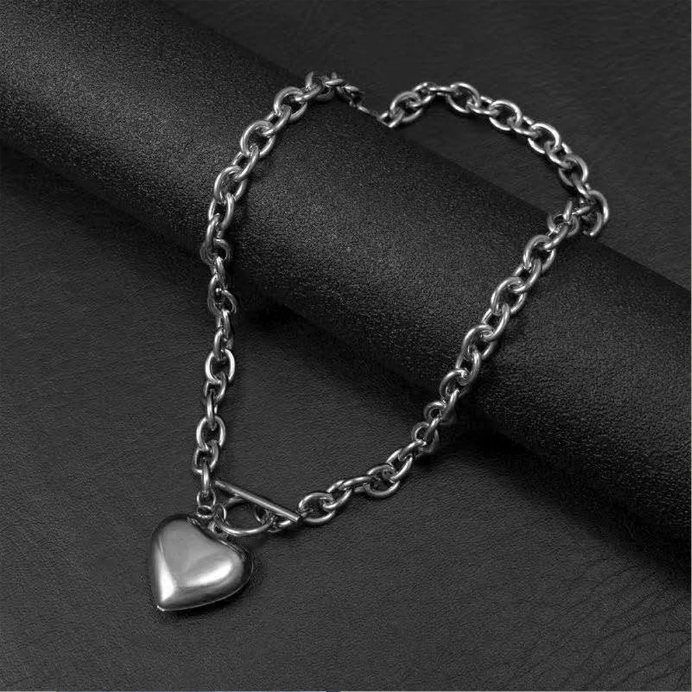 Punk Stainless Steel Long Thick Chain Toggle Heart Pendant Necklace For Women Men Goth Choker Necklaces 2024 Trend Neck Jewelry