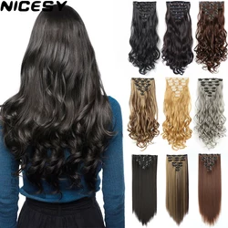 Extensiones de Cabello sintético, postizo largo y ondulado de 22 pulgadas, 140g, 16 Clips, resistente al calor, 7 unidades por Set