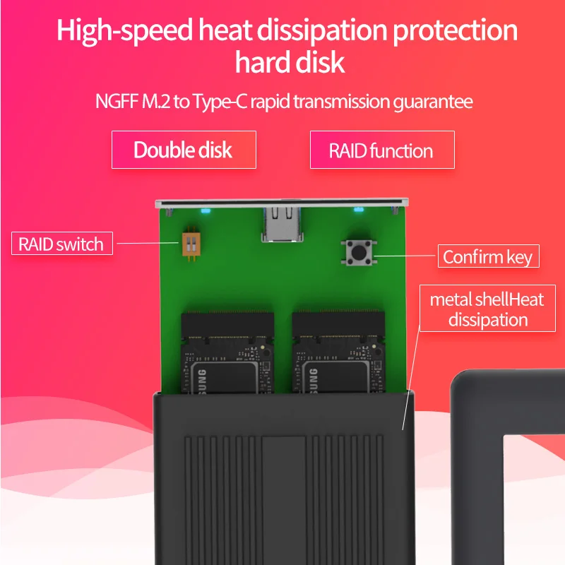 Dual Solid State Disk Array Cabinet  NGFF M.2 ssd case  with RAID Function SSD Enclosure Type C Disk Array Box 2 Bay Data Backup