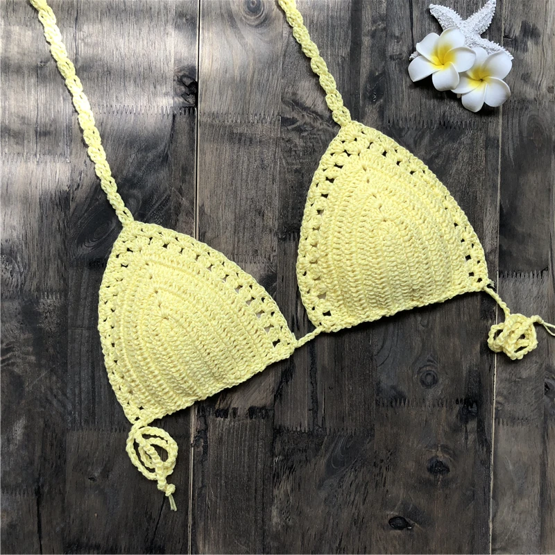 Handmade Crochet Women Bikini Top Boho Beach Bralette Halter Knitted Swimsuit Brazilian Bikinis Bathing Suit Top