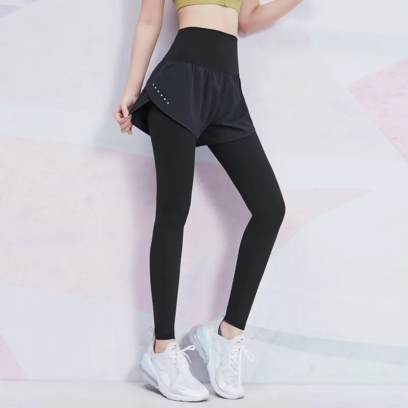 Women High Waist Leggings 2 in 1 Sports Jogging Gym Fitness Tights Female Reflective Night Run Workout Tummy Control Pants