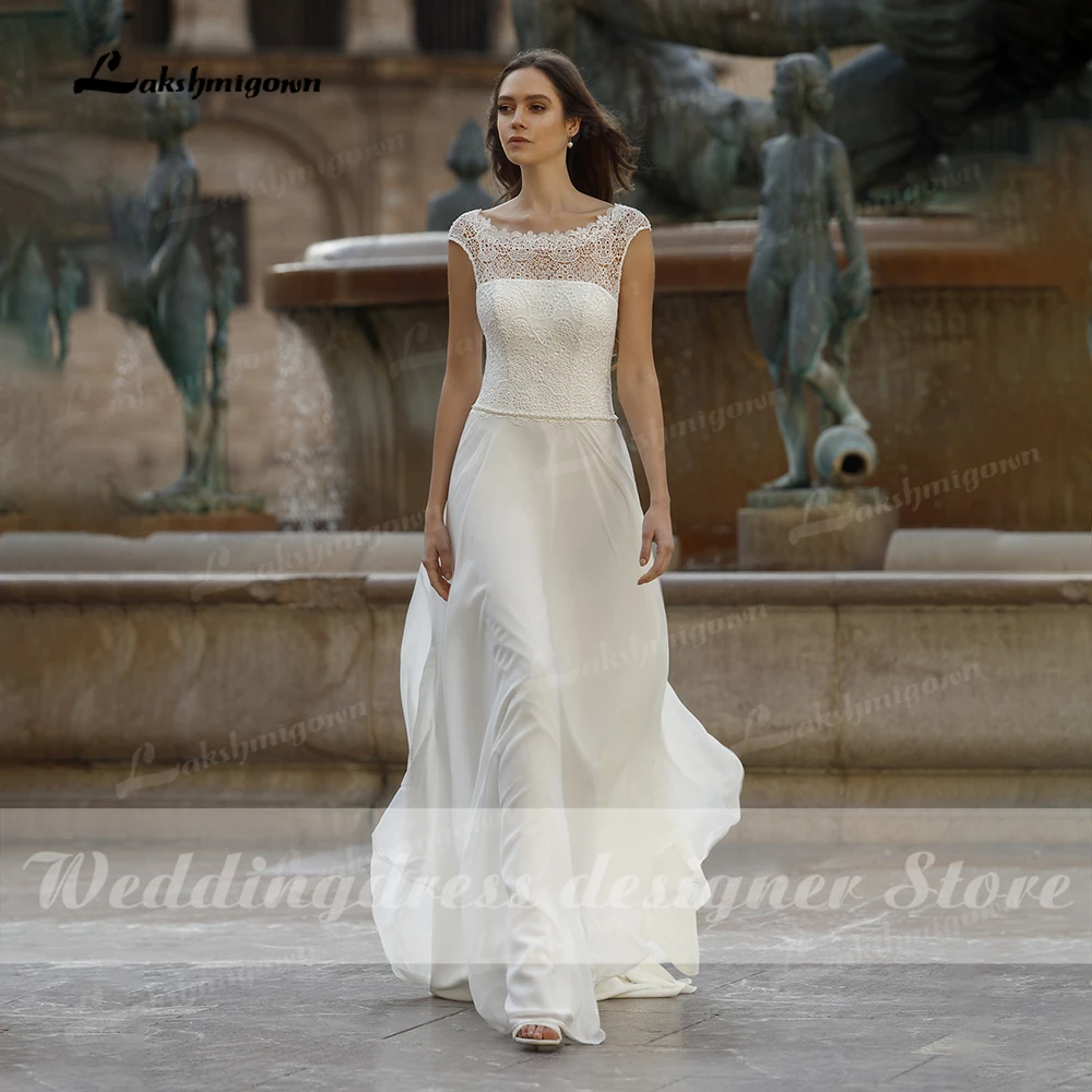 Boho Chiffon Hochzeit Kleid 2021 Scoop Neck Sweep Zug Spitze Kurze Kappe Hülse EINE Linie Brautkleider vestido de novia