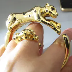 Black spots Leopard Head cuff bangle bracelet with Ring Panther Design Copper brazilian gold jewelry set for for Women or men