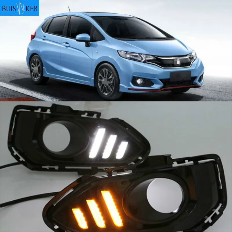 

Car LED Daytime Running Lights for Honda Jazz fit 2018 DRL Fog lamp driving lights with Yellow turning signal lights