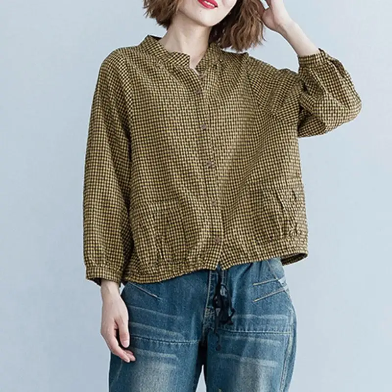 Plaid Cotton Linen Shirt Women Casual New Arrival 2024 Spring Autumn Vintage Shirts Stand Collar Loose Female Long Sleeve Tops