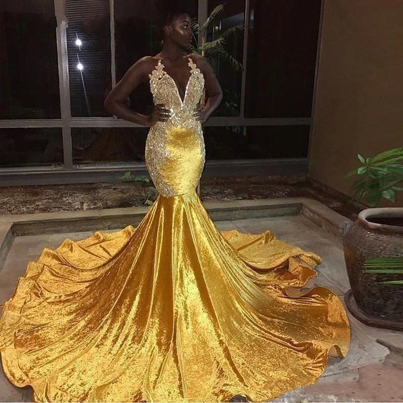 Mới Ren Vàng Appliques Nàng Tiên Cá Quần Sịp Đùi Thông Hơi Vestidos De Fiesta De Noche Đen Châu Phi Bé Gái Nữ Form Rộng Phối Váy Dạ Hội