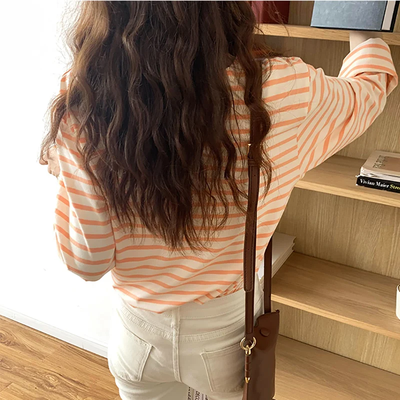 Women\'s Cotton Striped T-Shirt Top O Neck Loose Casual All-match T Shirts Female Long Sleeve Basic Fashion Korean New Tees Femme