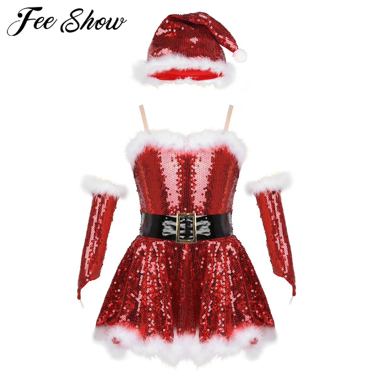 FEESHOW Kids Girls Christmas Santa Feathers Dance Costume Outfit Sequins Figure Ice Skating Ballet Dress with Hat Arm Sleeves