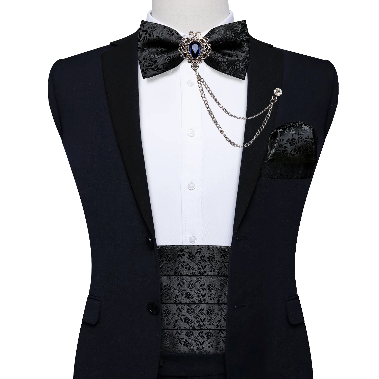 Männer Smoking Cummerbund Schwarz Silk floral Fliege Handerchif Brosche Kette Set Hochzeit Party Cummerbunds Taille Band DiBanGu