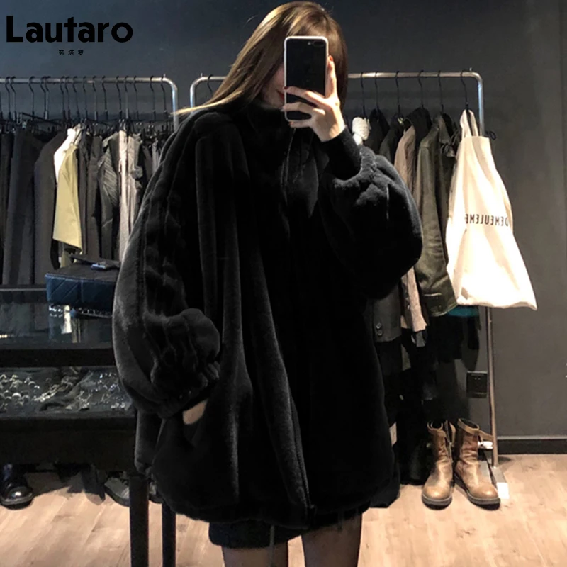 Lautaro Winter Black Oversized Faux Fur Jacket Women Long Sleeve Stand Collar Korean Fashion New Arrivals 2021 Womens Clothing