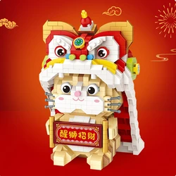 950pcs Mini Building Block Lion Dance Lucky Cat Model Brick Block Chinese Traditional Culture Spring Festival Activity Toy Gift