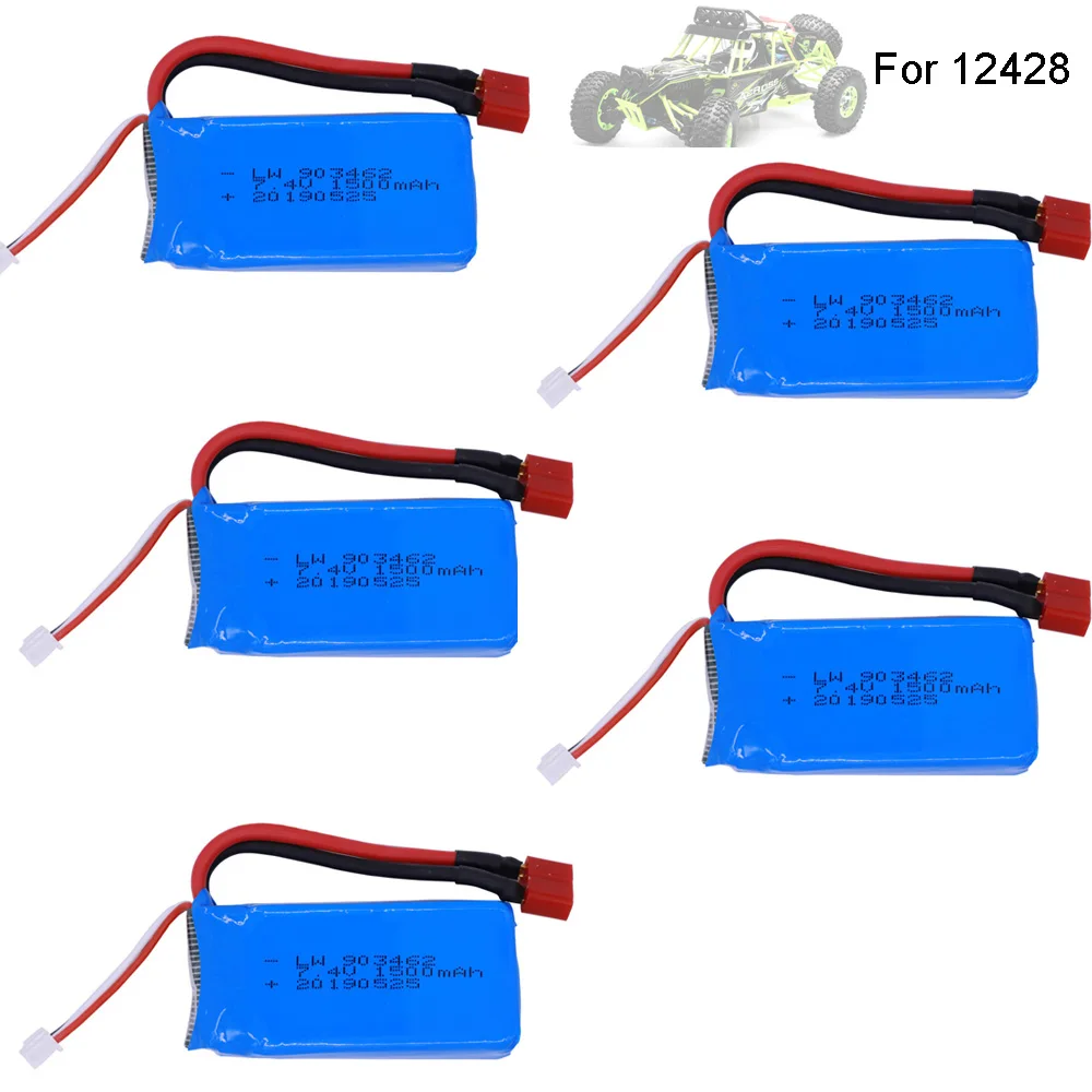 

5PCS 7.4V 1500mAh Lipo Battery T Plug For Wltoys 12423 12428 Crawler Car Battery 1500 mah 7.4 V lipo battery for WLtoy car parts