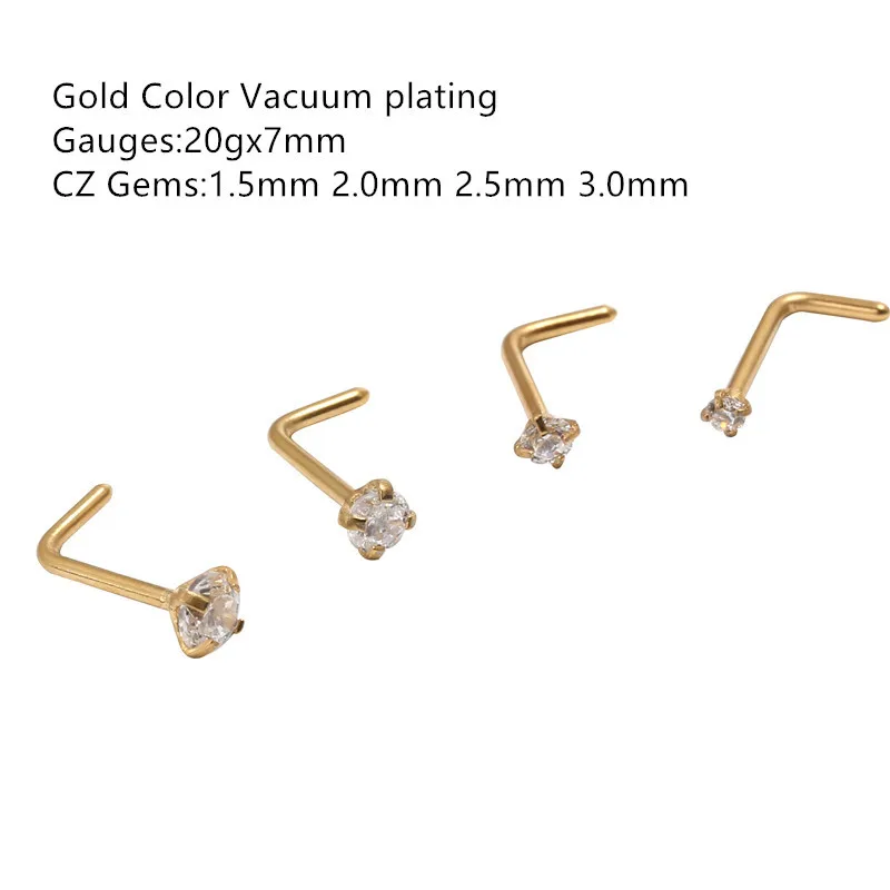 50pcs/Lot 20G Gold Color CZ Nose Stud Screw Surgical Steel Nose Ring Body Piercing 1.5mm 2mm 2.5mm 3mm L Shape Shine