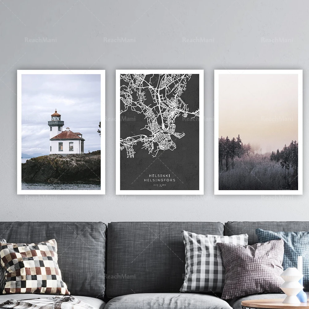 Finnish landscape prints, lighthouses printed in Finland, Scandinavian foggy forests, Helsinki map art prints, decorative gifts