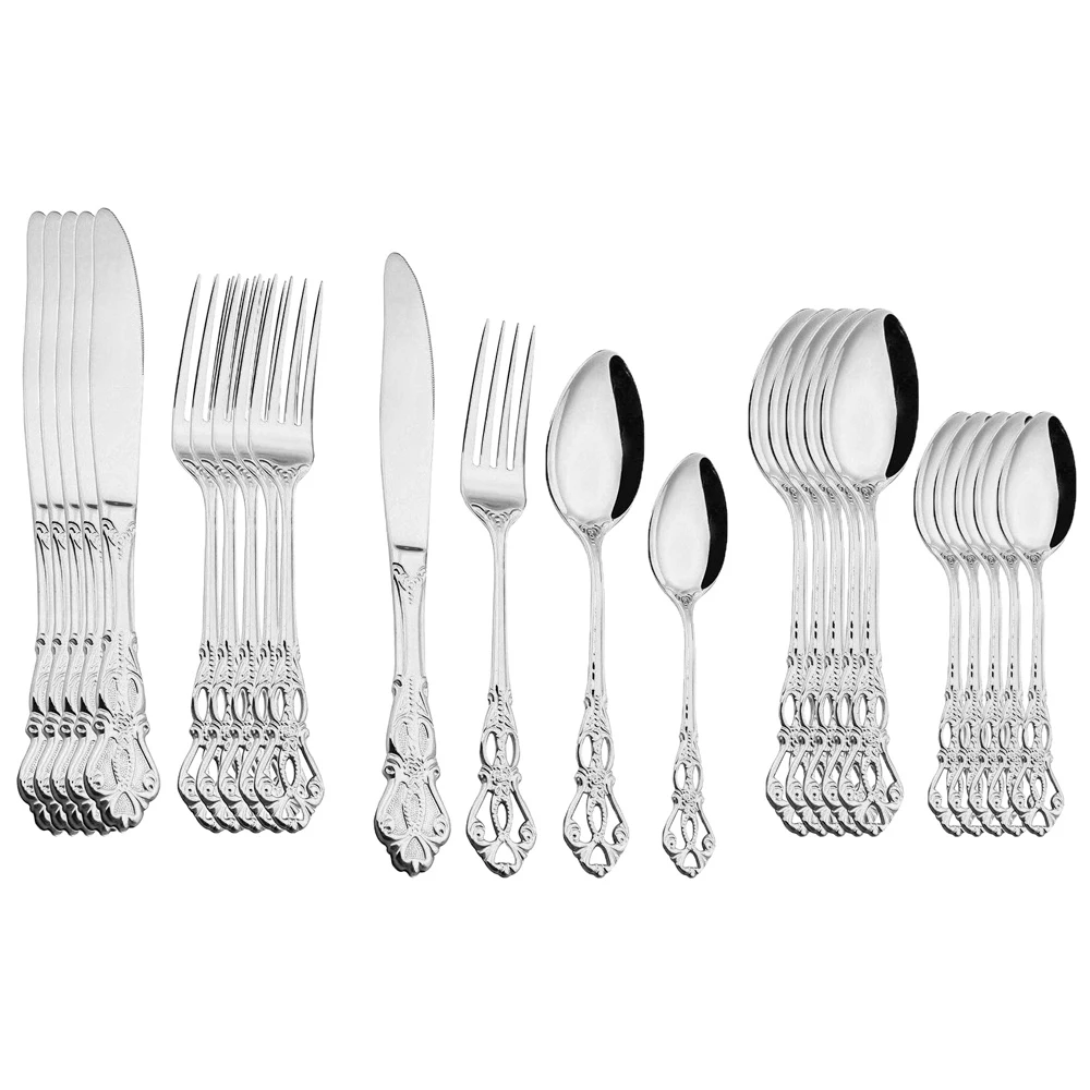 24pcs Cutlery Set Silver Dinnerware Stainless Steel Royal Spoon Forks Knives Kitchen Western Dinner Silverware Tableware Gift