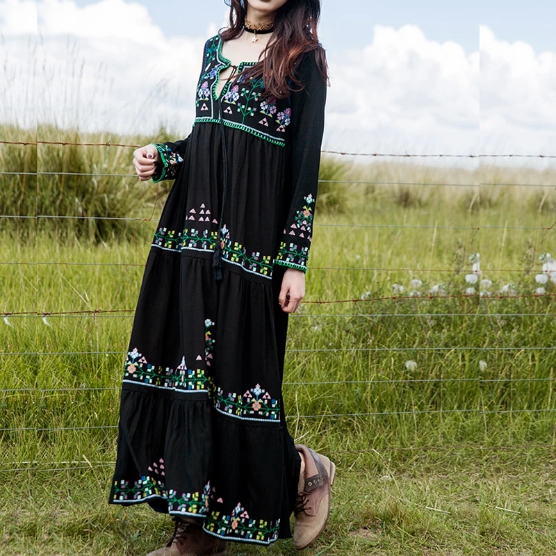 Khale Yose Spring Maxi Dress manica lunga Vintage Boho Dress donna abiti da ricamo floreale Gypsy Chic Cotton Party Clothing nuovo