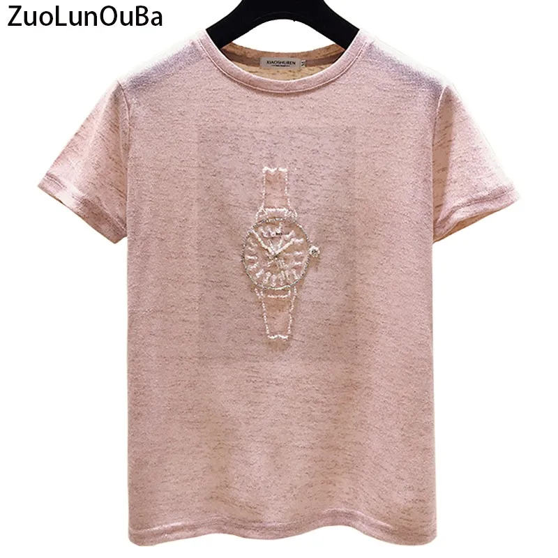 Summer Commute Women T Shirt Print Watch Pattern Harajuku Diamond Sequins Beaded Tees Light Quality Slub Cotton Tops Female