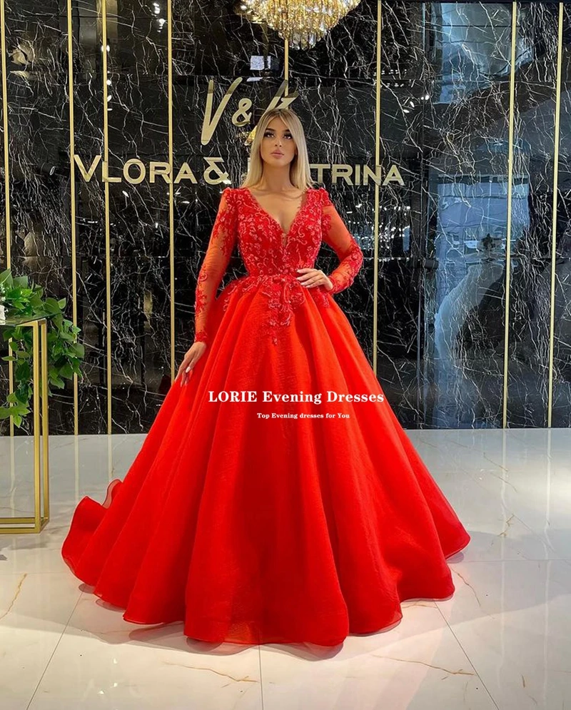 LORIE Ball Gown Prom Dresses Fashion Tulle Robe De Soiree De Mariage maniche lunghe con scollo a v Appliques Celebrity Quinceanera Dresses