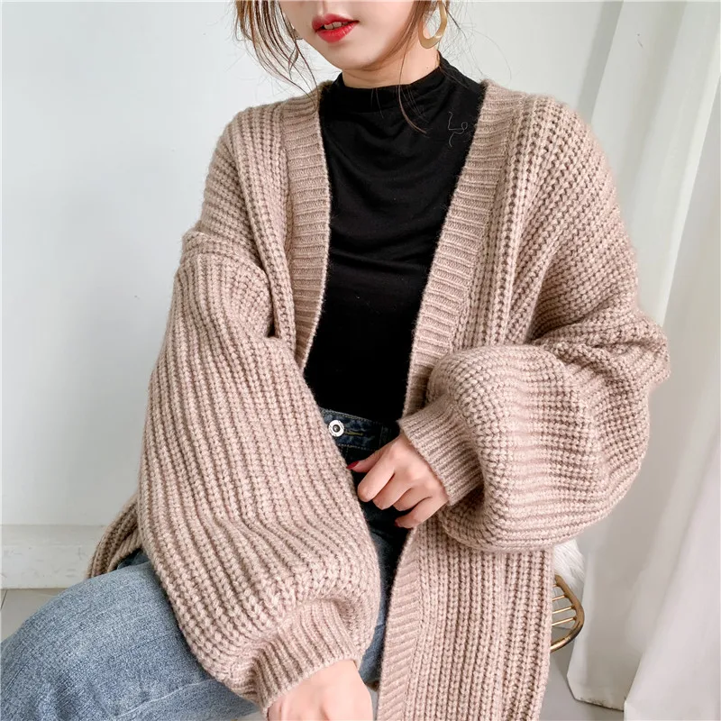 Alpaca Blend Winter Sweater Cardigan Women Korean Casual Lantern Sleeve Chunky Knit Cardigan Ladies Over Size Thick Sweater Coat