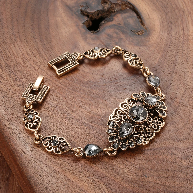 Kinel Charm Gray Crystal Boho Women Bracelet Antique Gold Color Ethnic Bridal Wedding Vintage Jewelry Russia Accessories