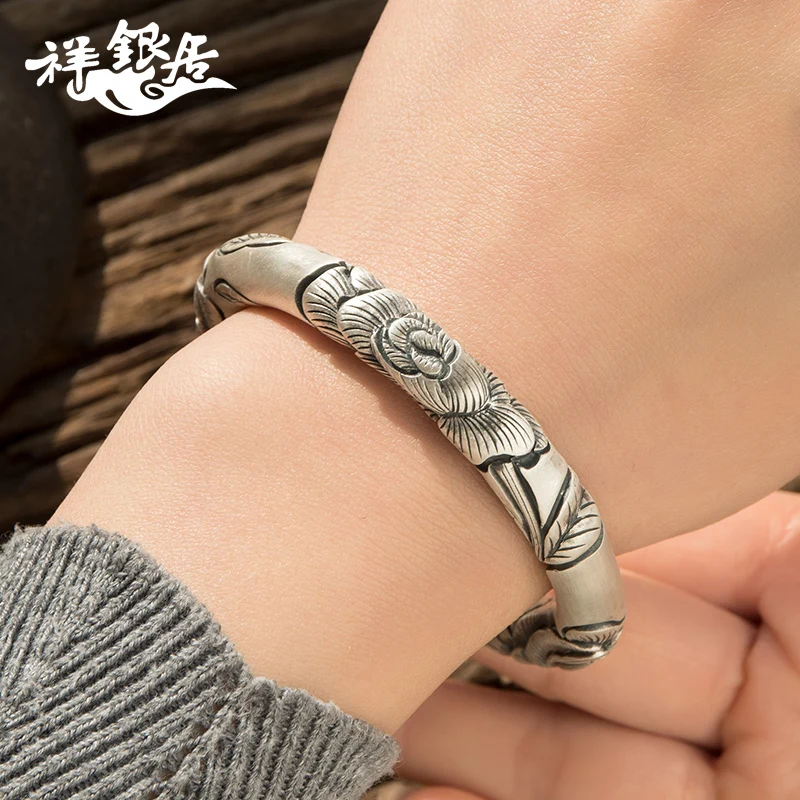 ★Peony Flower Silver Bracelet female 999 full silver opening silver bracelet for mother and wife pure silver bracelet