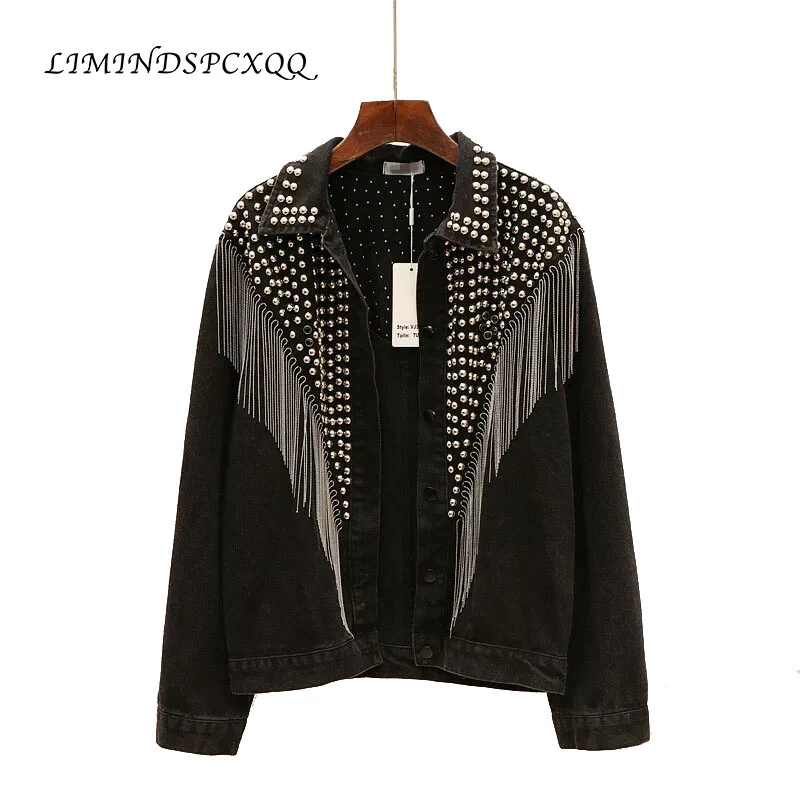 

Autumn Denim Jacket Coat Women Rivet Tassel Chain Short Coats Woman Loose Streetwear Long Sleeve Black Coats Abrigo de mujer