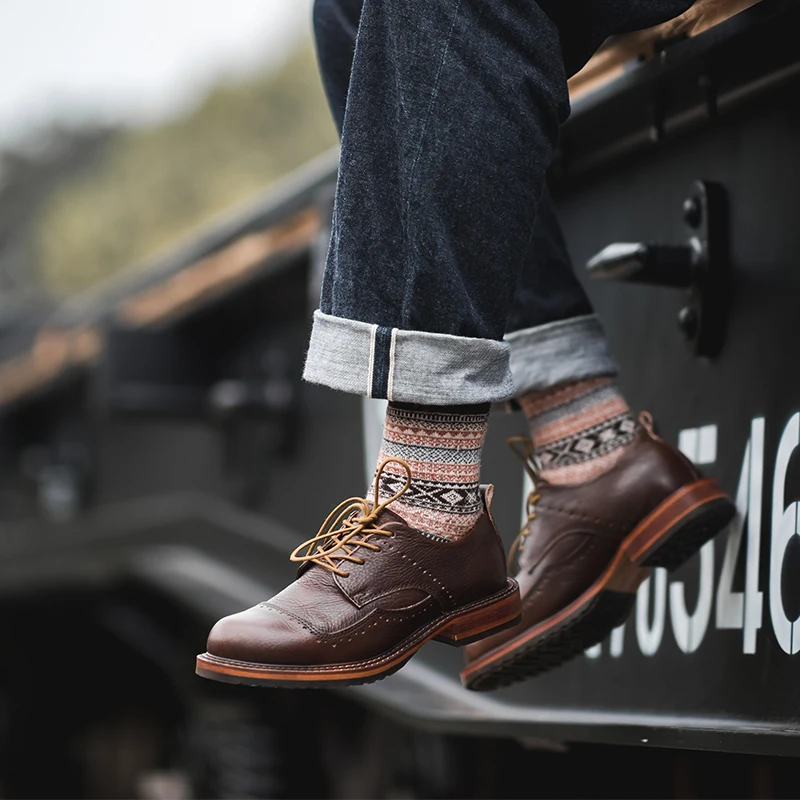 New Men Brown Formal Dress Shoes Handmade Vintage Cow Leather Ankle Boots Wedding Platform Boots Desert Motorcycle Boots Brogue