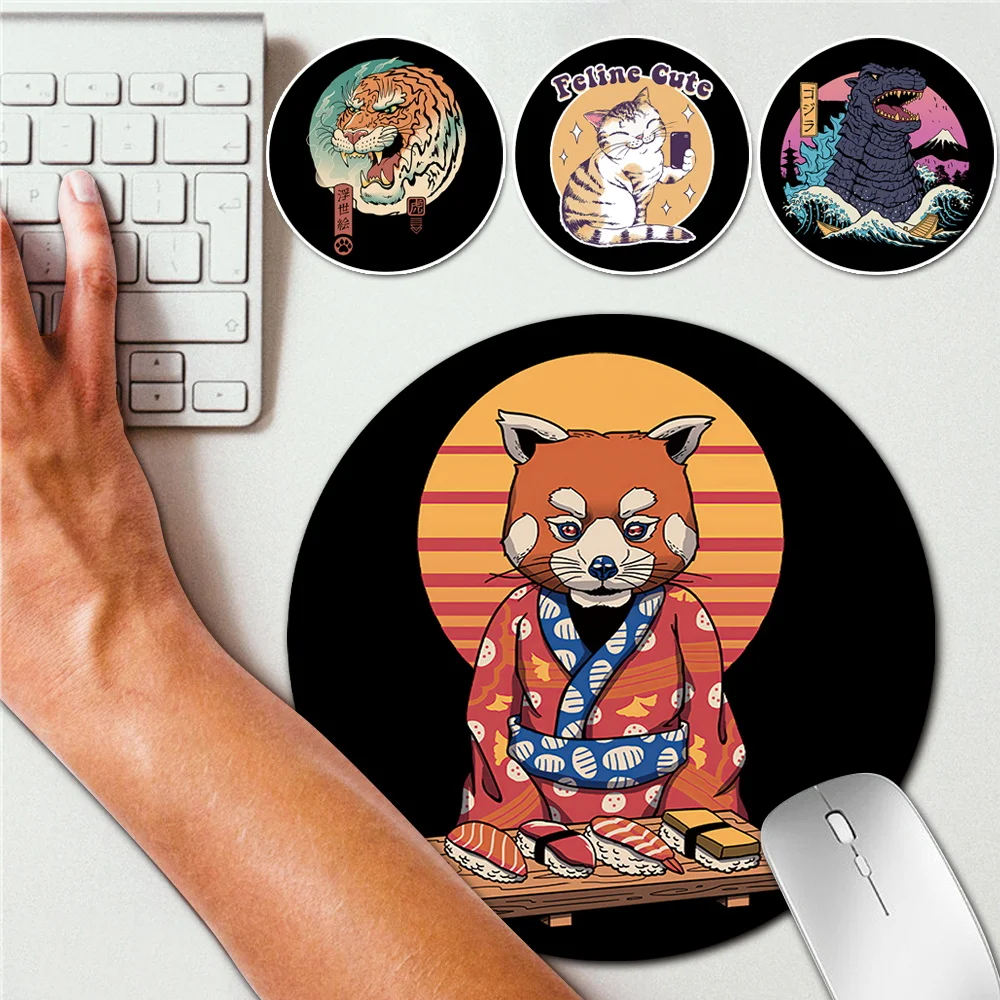 22x22cm Mouse Pad Small Round Printing Japan Cat Pattern Waterproof PU Leather Computer Desk Mat Gaming Desk Non-slip Mouse Pad