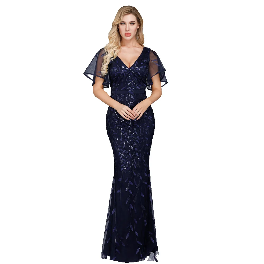 Women Cocktail Dresses Embroidered Sequin Dress Lotus Leaf Sleeve V-neck High Waist Banquet Fishtail Evening Dress Latin