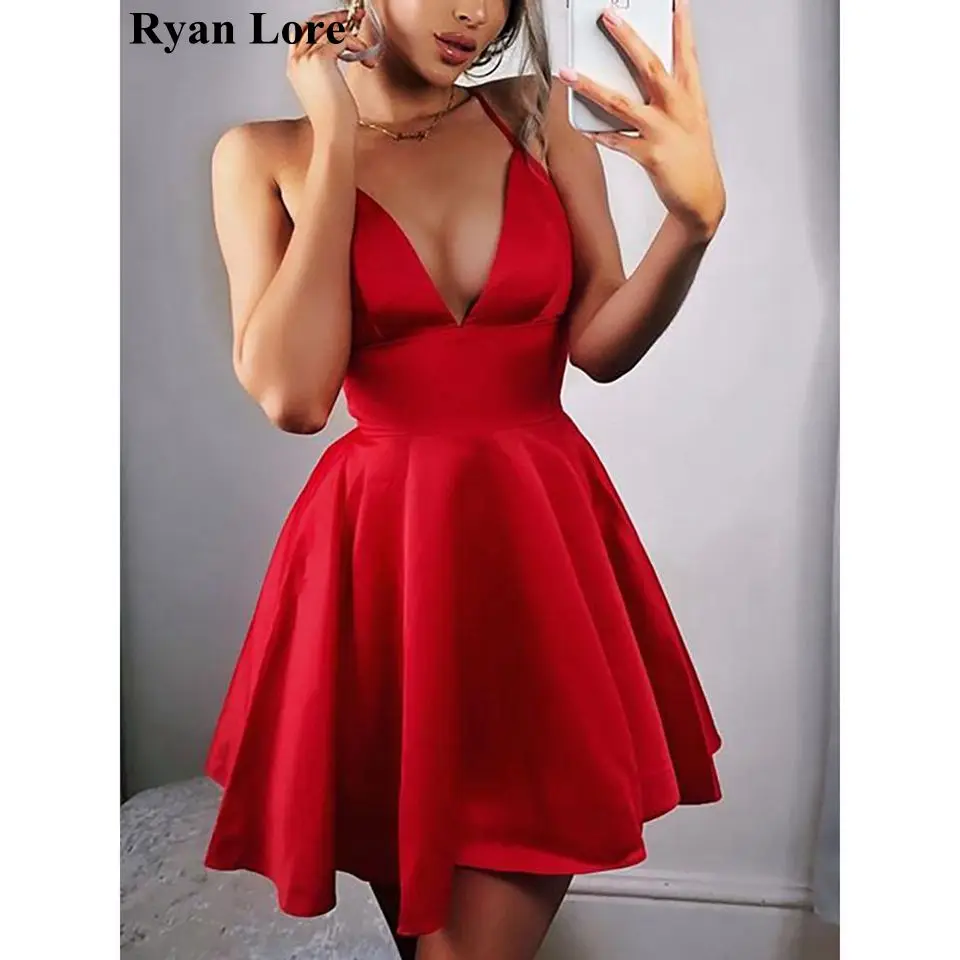 Red Cocktail Dresses 2020 Women Formal Mini Short Prom Dress Sexy V-Neck Homecoming Robe Night Party Club Graduation Vestidos