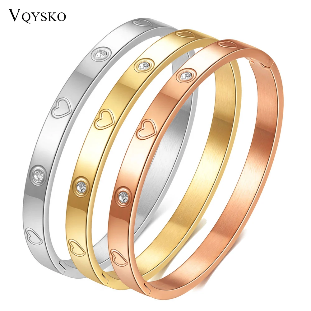 Fashion Lovers Heart Bracelet Bangle with Cubic Zirconia Women Stainless Steel Hinged Jewelry Armband For Valentine Day Gift