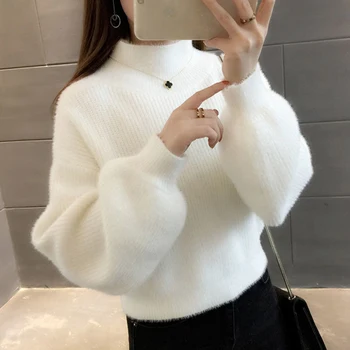 Women's Turtleneck Lantern-Sleeve Knit Sweater 5 Fall/Winter Women Sweater Pullover New Half Turtleneck Lantern Sleeve Short Sweater Imitation Mink Fleece Knit Jumper Tops 5