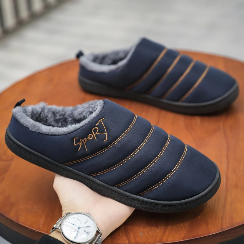 Men's Slippers for home 2020 Winter Non Slip Plush Warm Male House Shoes Stripe Unisex Indoor plus size 36-47