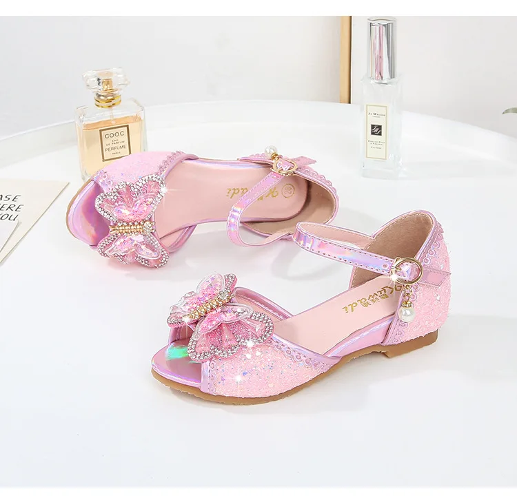 2023 new girl pearl crystal shoes high heel sequin dance fashion party bow rhinestone high quality princess sandals size 25-37