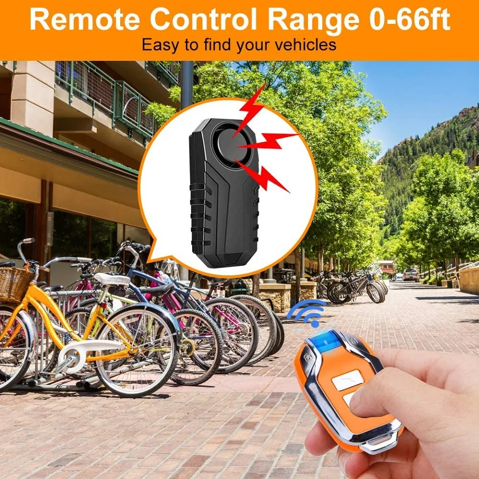 Anchtek Motorcycle Burglar Alarm with Orange Remote And Horn Waterproof Wireless Bicycle Safe Alarm Vibration Sensor 113dB Loud